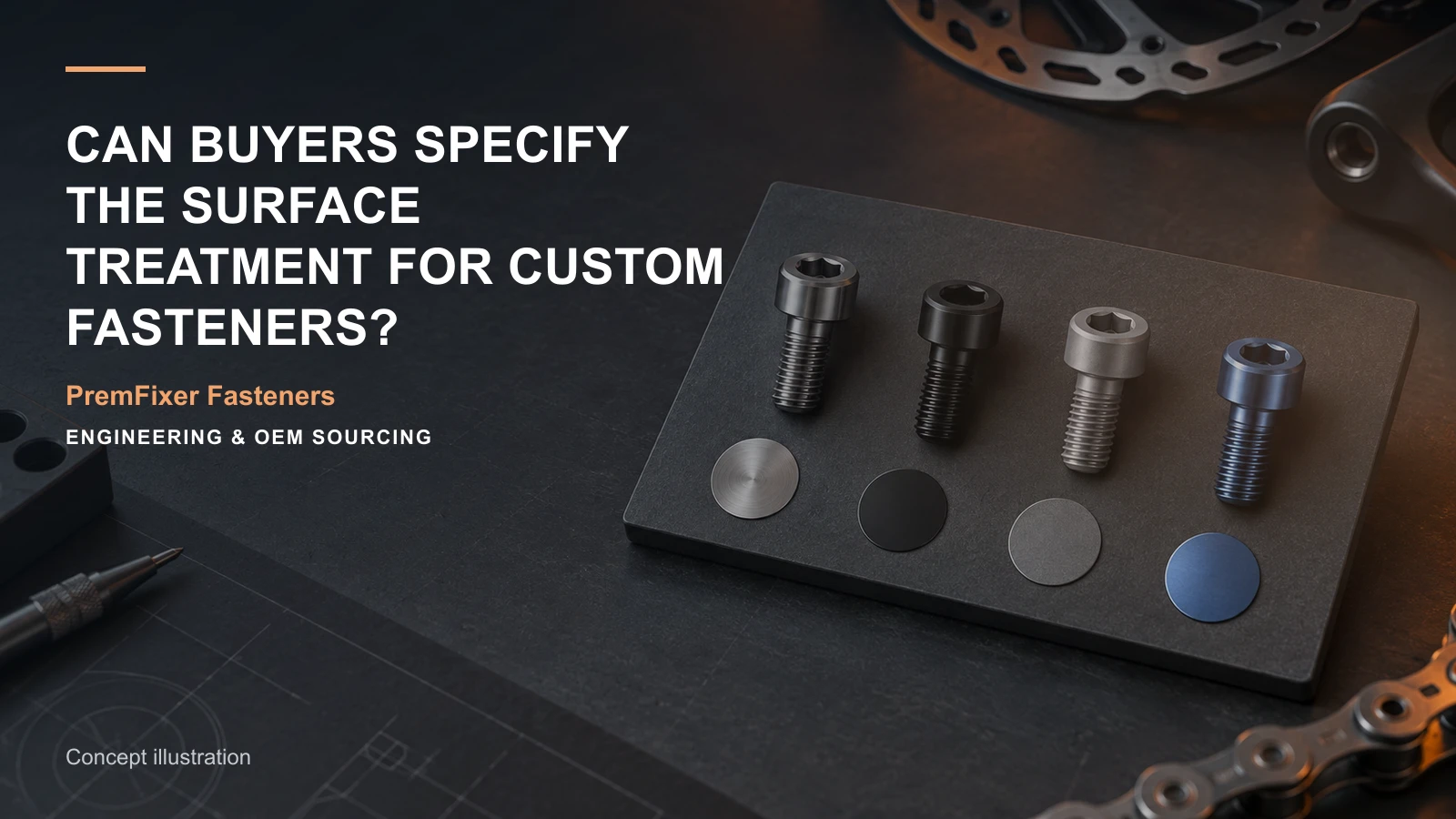 Conceptual engineering workspace introducing specified fastener surface treatments for bicycle and electric-mobility OEM teams.