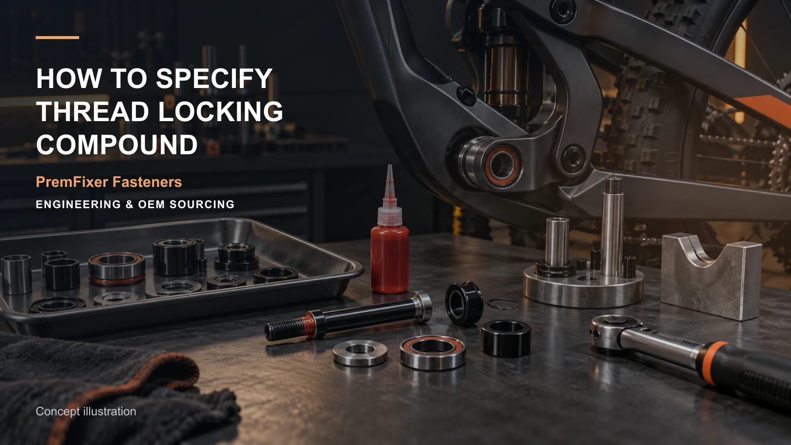 Editorial concept for specifying a thread-locking product with cards for locking-method specification, torque specification inputs, service and replacement decision.