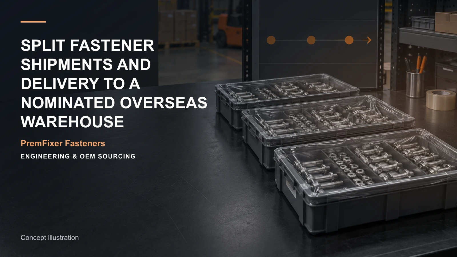 Conceptual engineering workspace introducing staged fastener shipments for bicycle and electric-mobility OEM teams.