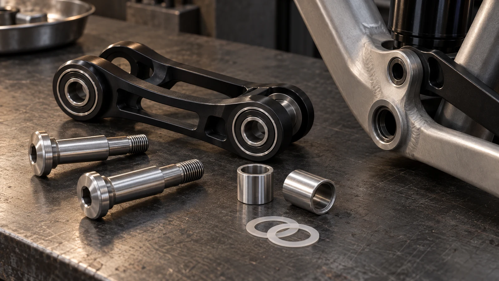 Concept illustration of stainless pivot bolts, aluminum rocker parts, sleeves and separated polymer washer examples on a dark workbench.