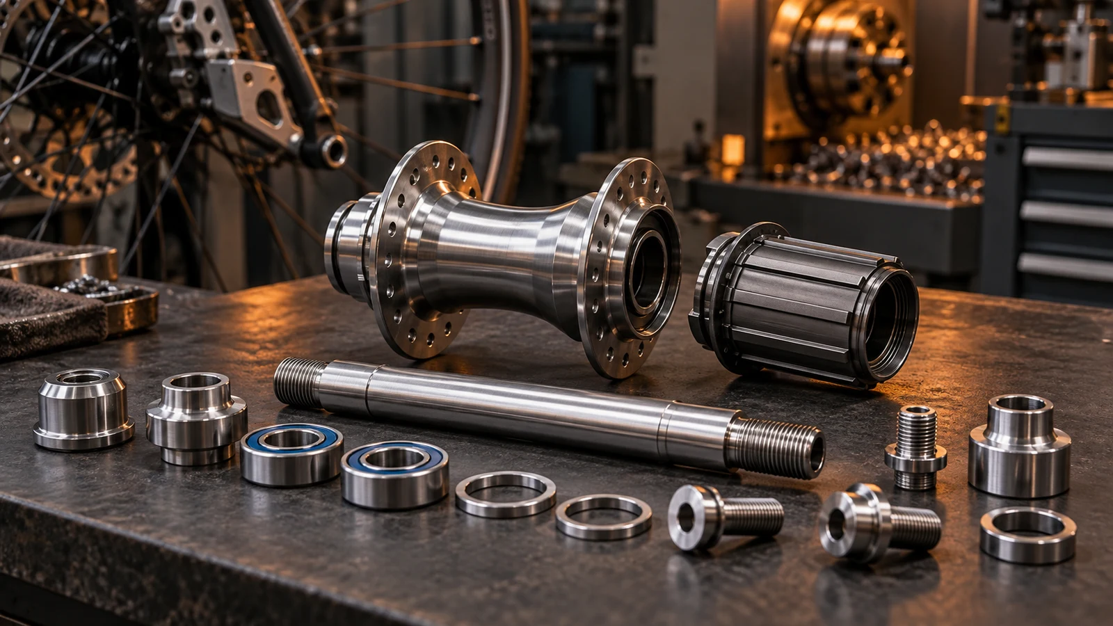 Concept illustration of bicycle hub shells, an axle, end hardware, bearings and spacers on an engineering bench