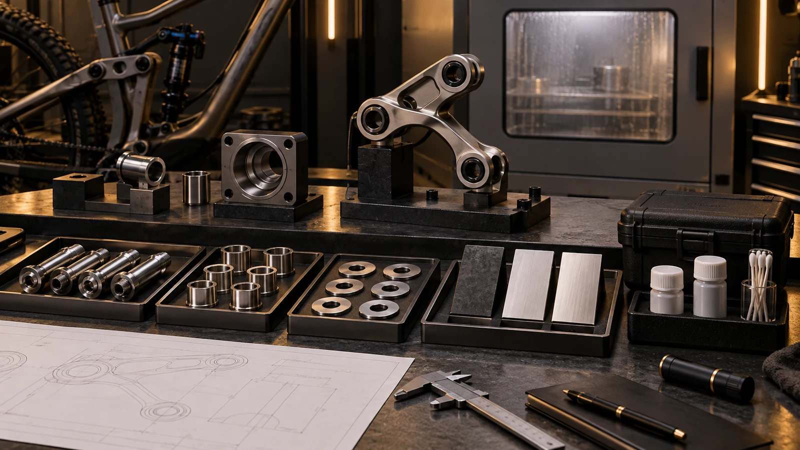 Concept illustration of stainless pivot specimens, separate surface-check supplies and a closed exposure-cabinet context; no chemical recipe, test indication or corrosion result is represented.