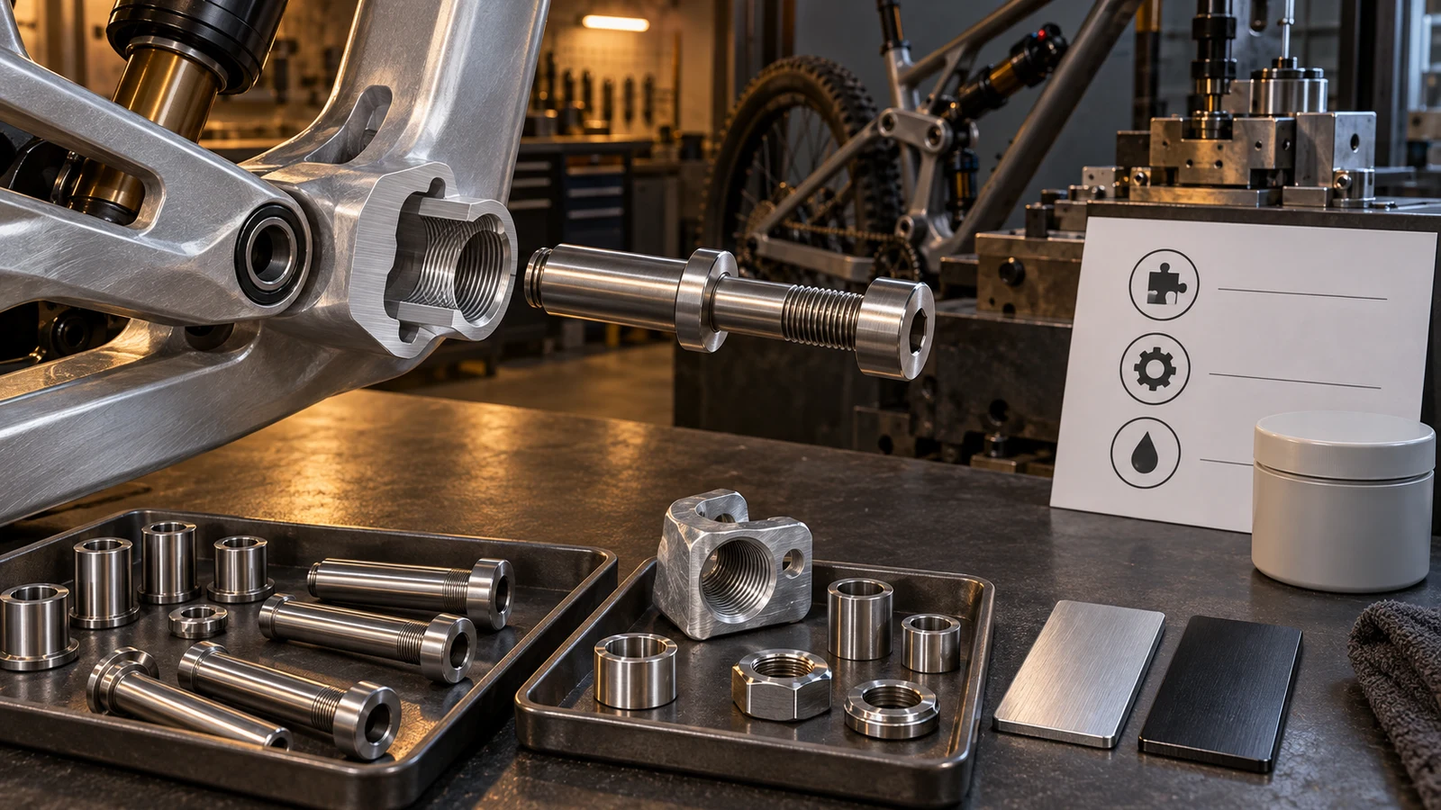 Concept stainless shoulder bolts and sleeves beside a cutaway aluminum receiver, thread sample, finish plates and blank condition sheet; not actual damage or an approved installation.