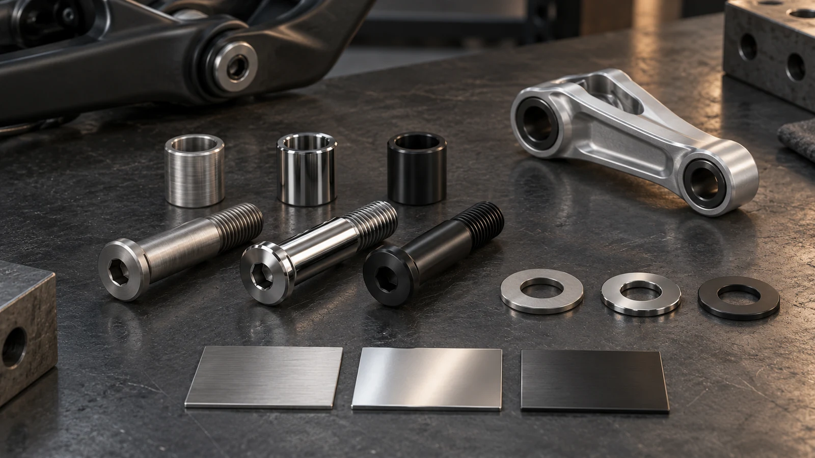 Concept illustration of stainless shoulder bolts with bright, brushed and dark sample appearances beside sleeves and a suspension rocker.