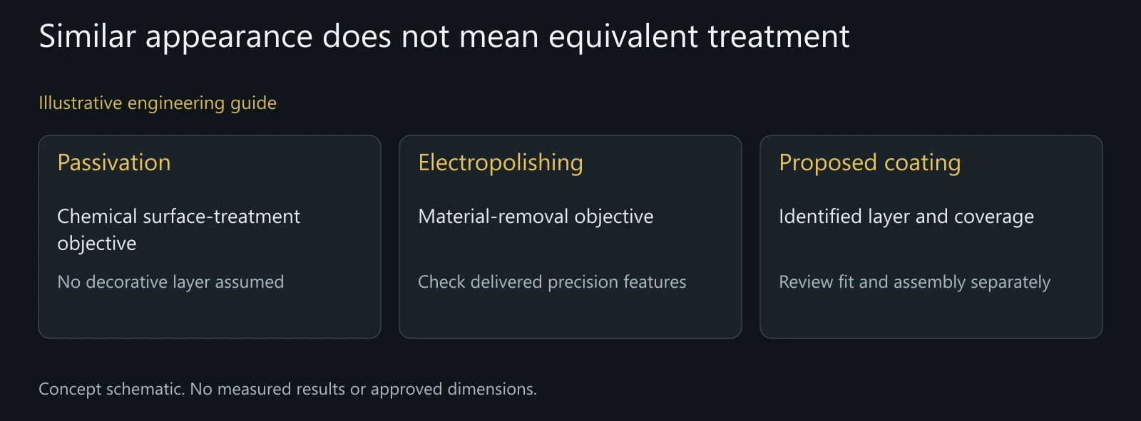 Comparison of finishing mechanisms rather than a ranking of corrosion performance or supplier capability.