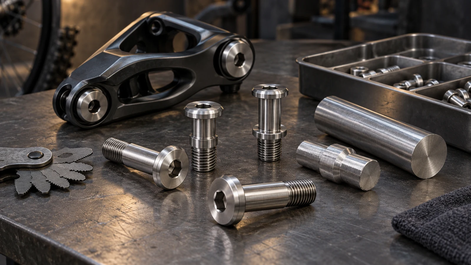 Concept illustration of stainless shoulder bolts, stock blanks and a suspension rocker beside idle thread-inspection tools.