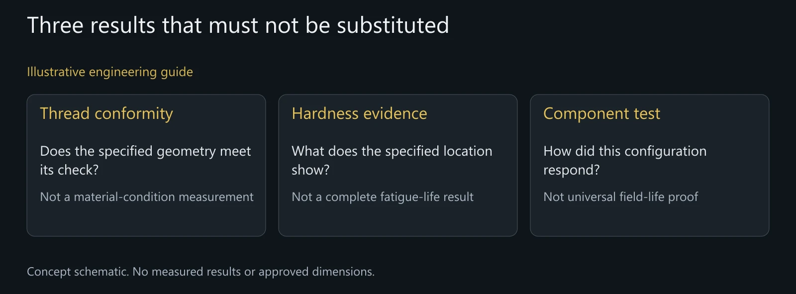 Distinct evidence scopes for geometry, local properties and component response; no test result is shown.