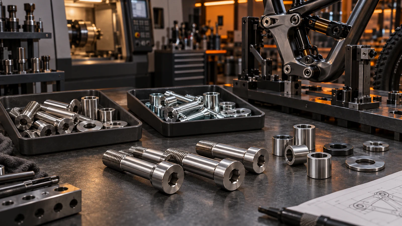 Concept illustration of separate stainless pivot hardware finish samples beside a CNC machine and bicycle linkage fixture