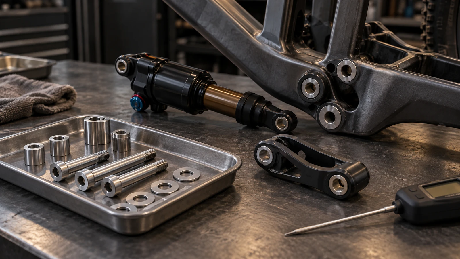 Concept illustration of a rear shock, rocker and stainless pivot hardware with an idle temperature probe and no displayed readings.