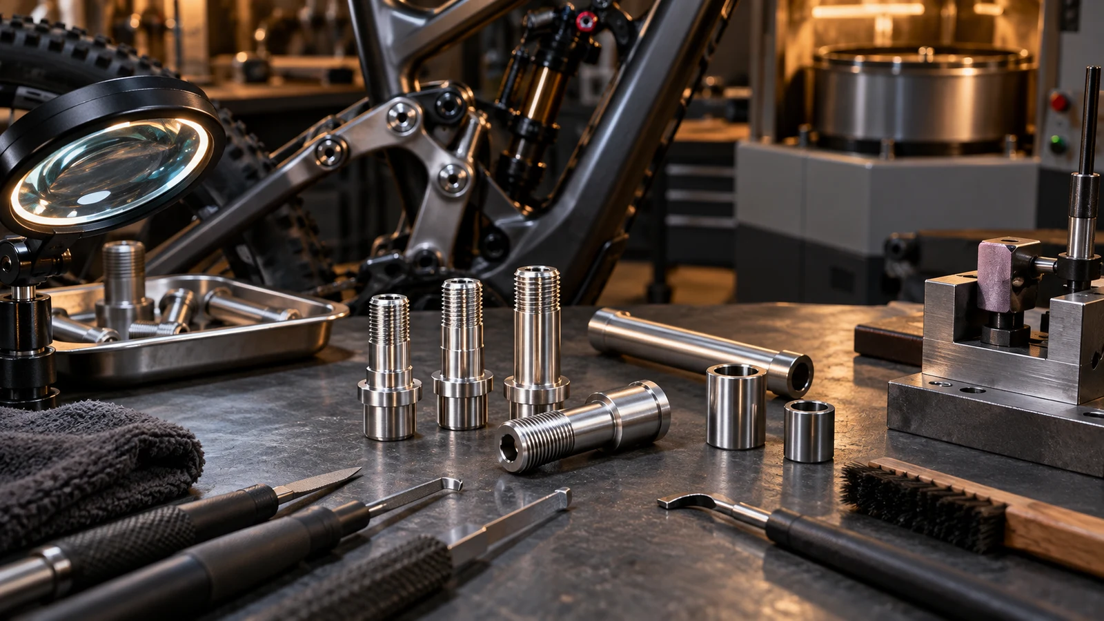Concept stainless pivot threads and hollow axle references with separate hand tools, brush and generic finishing fixture, not validated deburring equipment