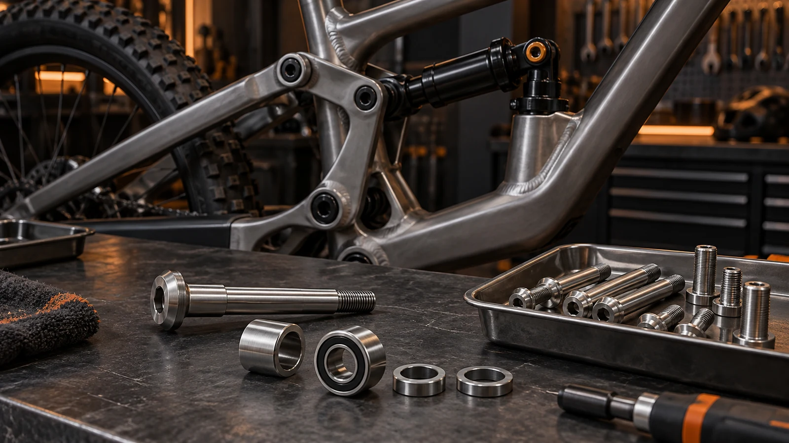 Concept scene of separate stainless pivot bolts, sleeve, bearing and spacers beside a cooled welded bicycle frame; not a metallurgical test or approved assembly.