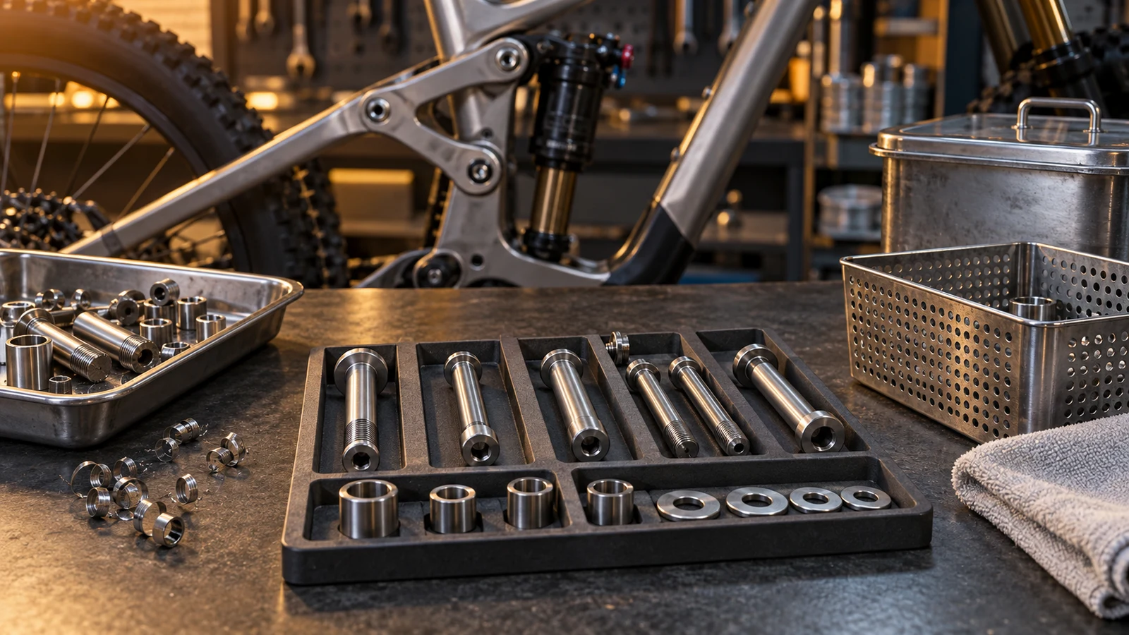 Concept stainless pivot hardware in separated holders, machining chips, a handling basket and lidded rinse container; not a real passivation line or verified batch