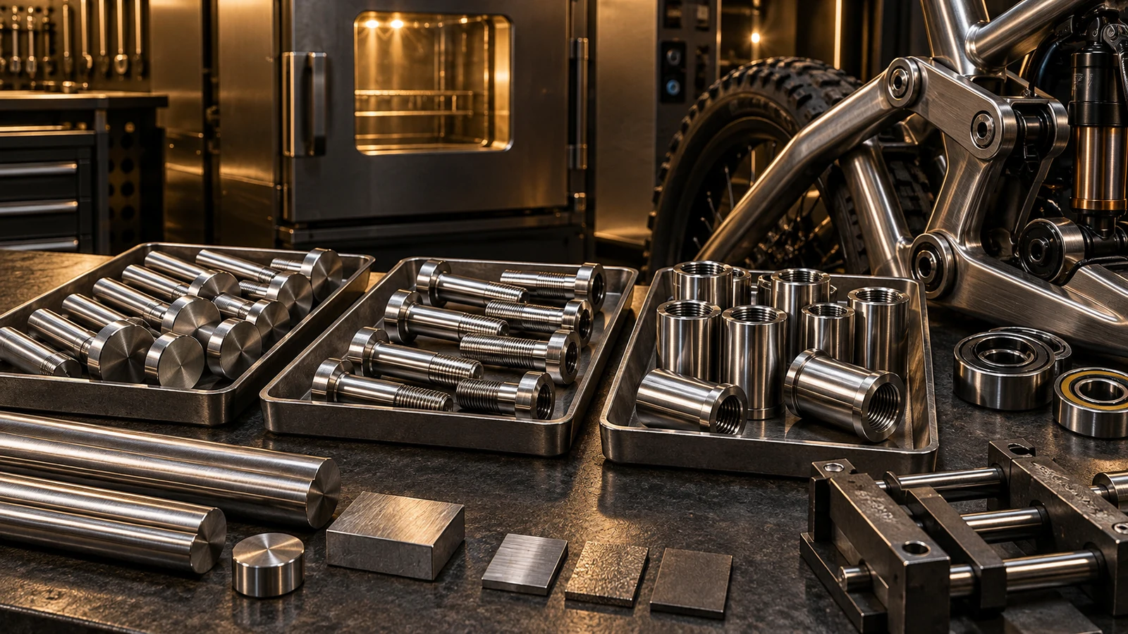 Concept headed stainless blanks, finished shoulder bolts, receivers and stock coupons in distinct trays beside a bicycle linkage and generic closed thermal enclosure; not measured before-and-after results