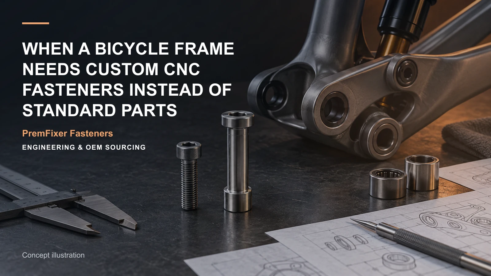 Concept illustration connecting standard screw, custom shoulder axle and frame interface in a bicycle hardware project.