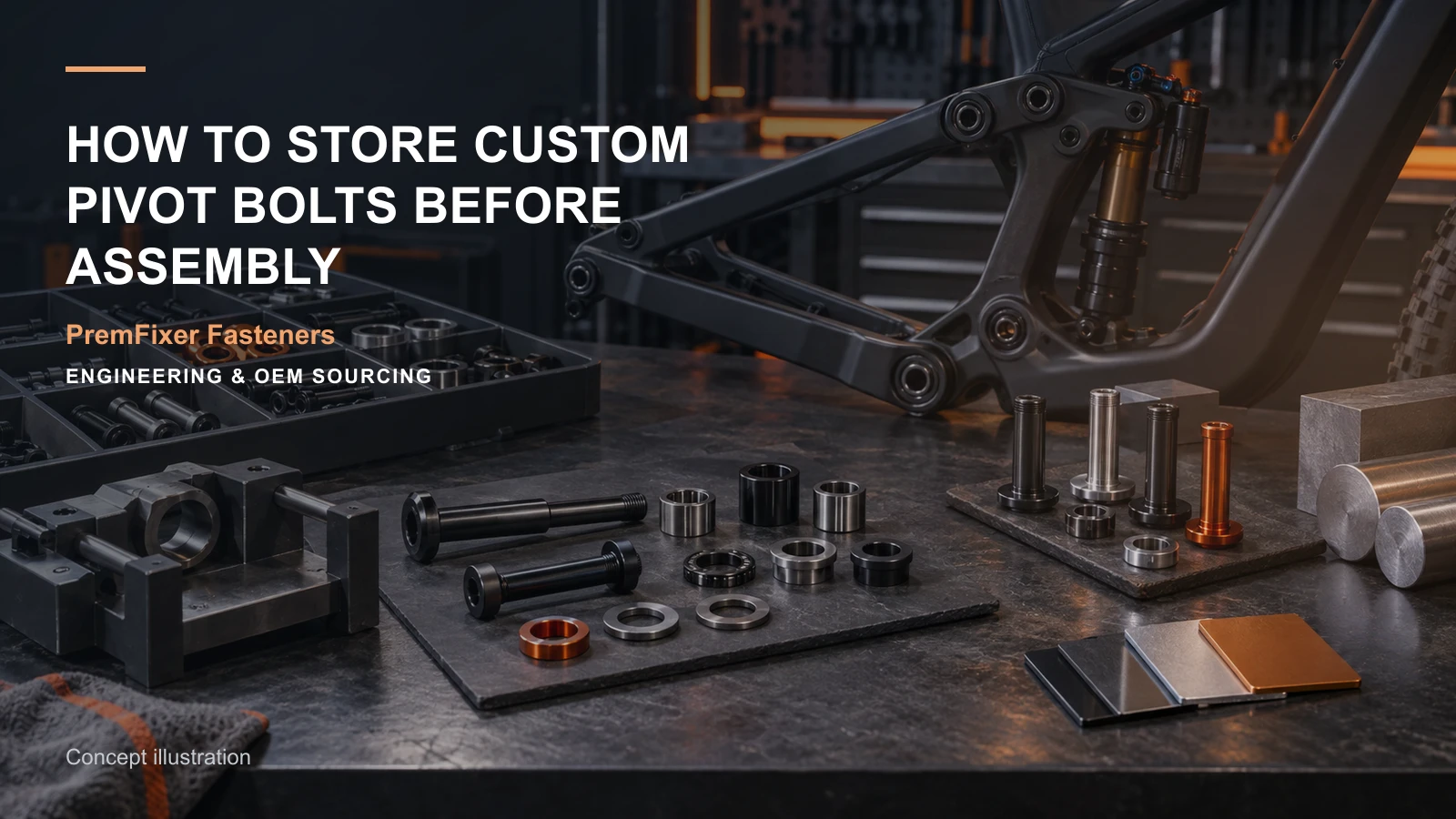 Editorial concept for storage before pivot assembly with cards for pre-assembly storage plan, packaging selection table, lot genealogy map.