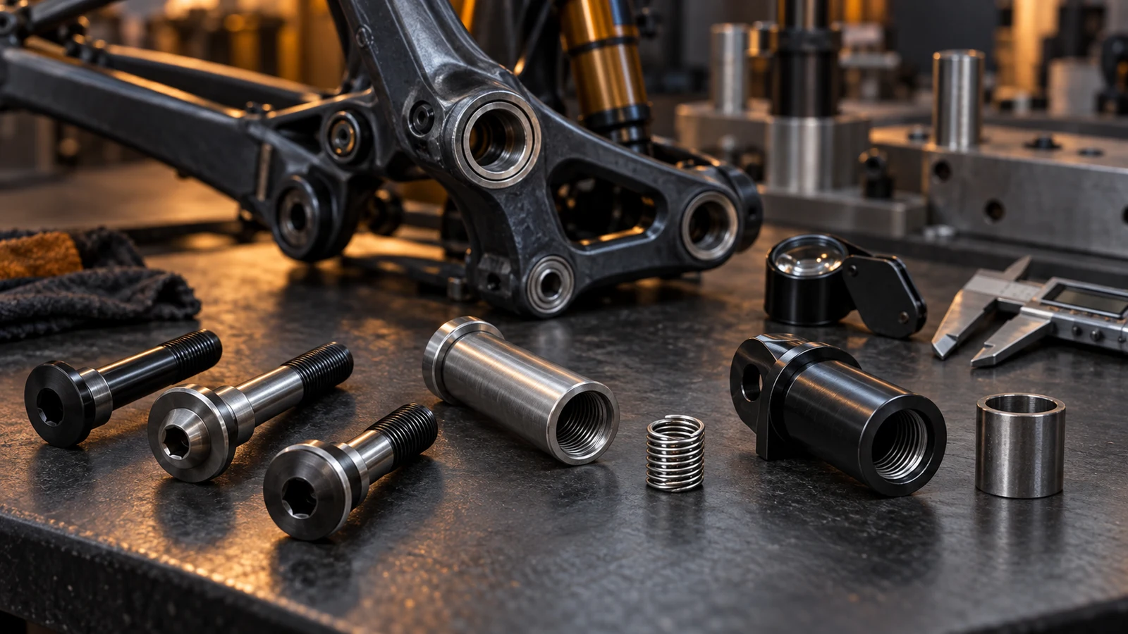 Concept arrangement of bicycle pivot bolts, removable threaded receivers and separate insert candidates on an inspection workbench; no actual repair or acceptance result.