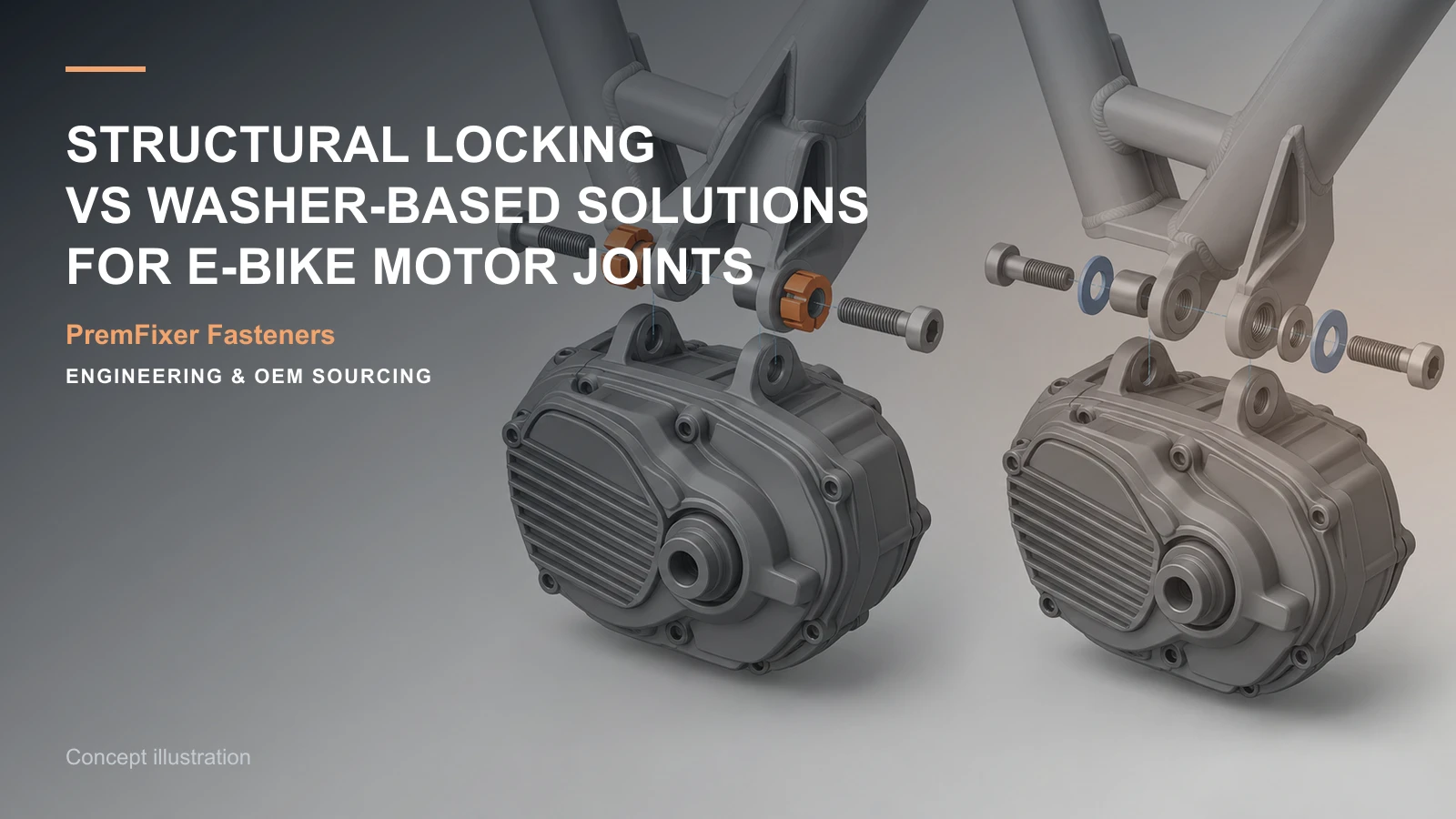 Conceptual engineering workspace introducing e-bike motor locking hardware for bicycle and electric-mobility OEM teams.