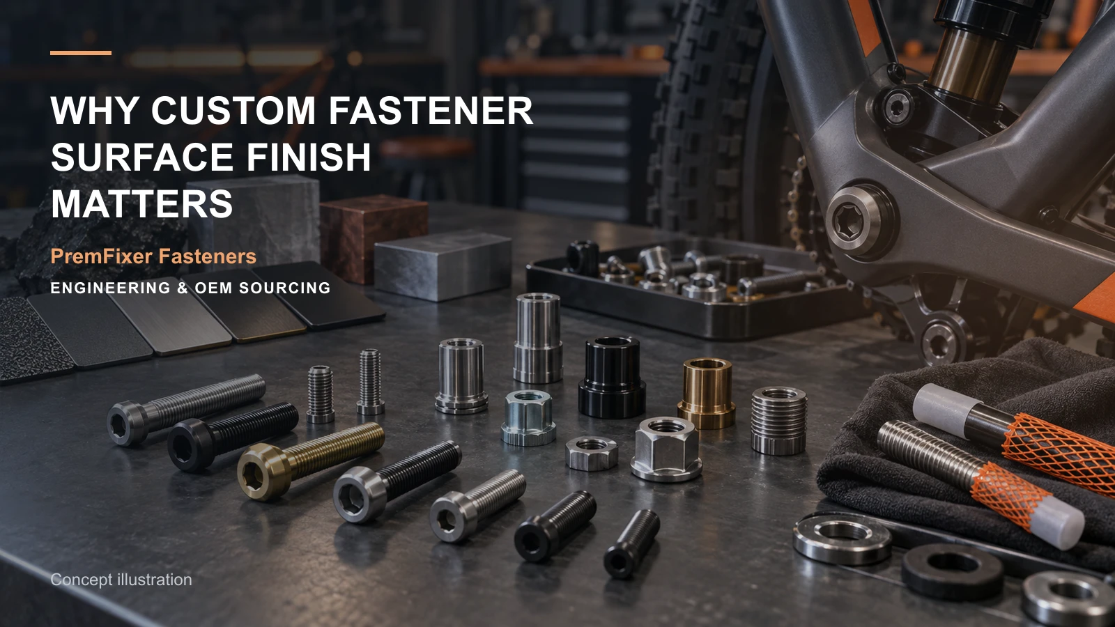 Editorial concept for surface finish and custom part performance with cards for surface-function table, sealing-interface map, fit-selection worksheet.