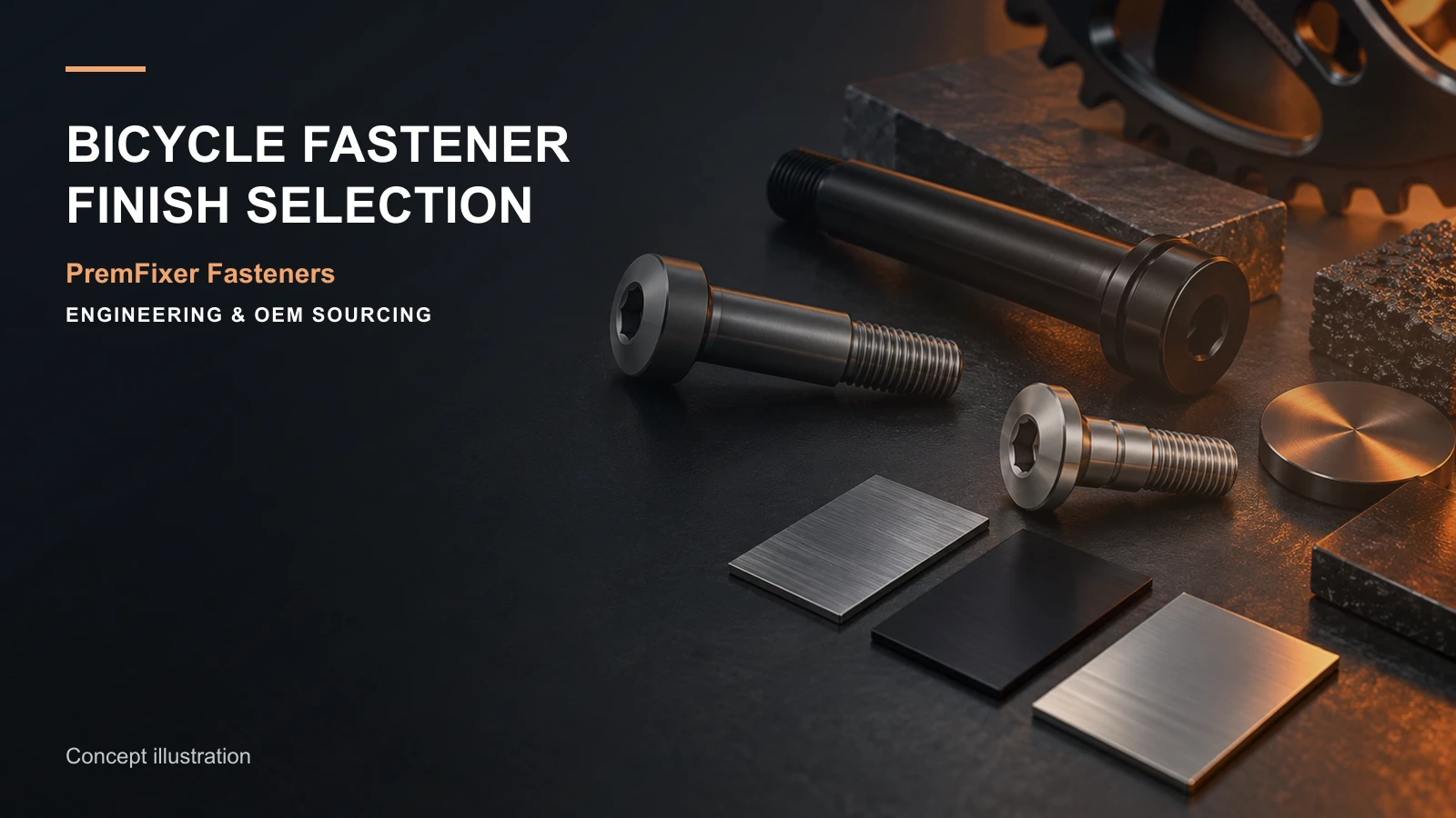 Conceptual finish-selection board showing titanium, black anodized aluminum and passivated stainless bicycle hardware.