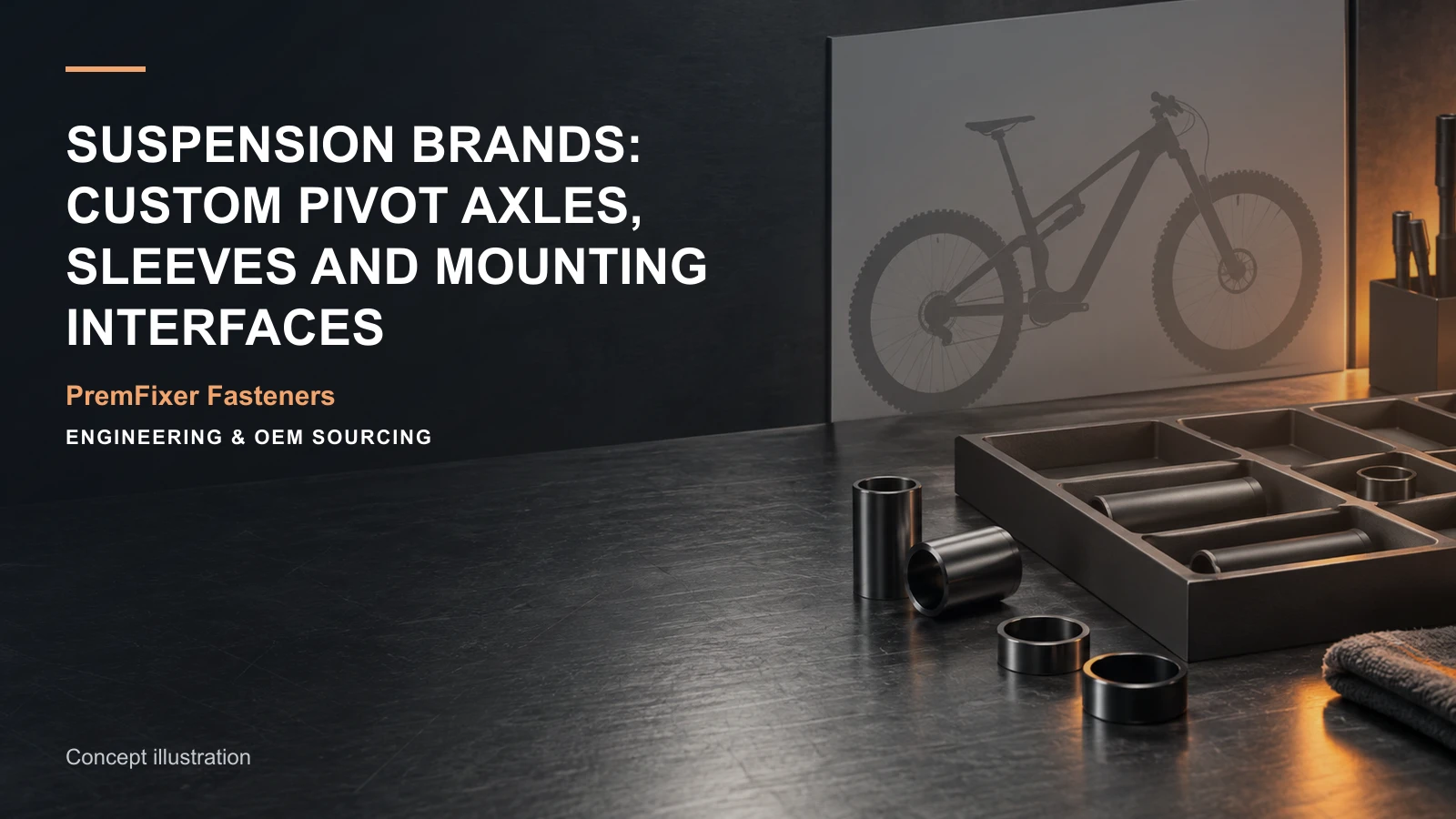 Conceptual engineering workspace introducing suspension-brand axles and sleeves for bicycle and electric-mobility OEM teams.