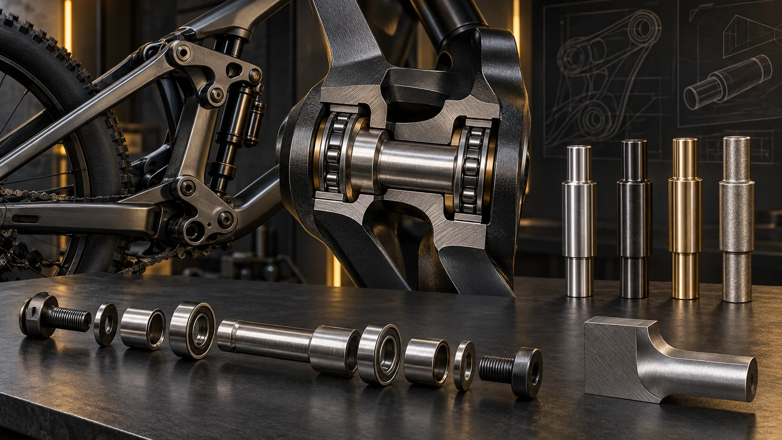 Conceptual suspension-linkage cutaway, exploded pivot hardware and unlabelled material candidates, not a fatigue test or approved assembly