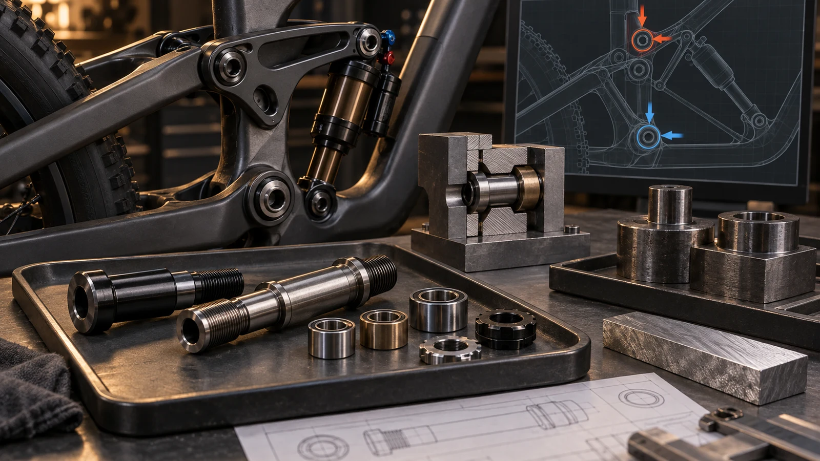 Concept shouldered hollow axles, sleeves and nuts beside a sectioned fixture and rear suspension linkage, with abstract load arrows on a screen; not measured loads or fatigue-tested components.