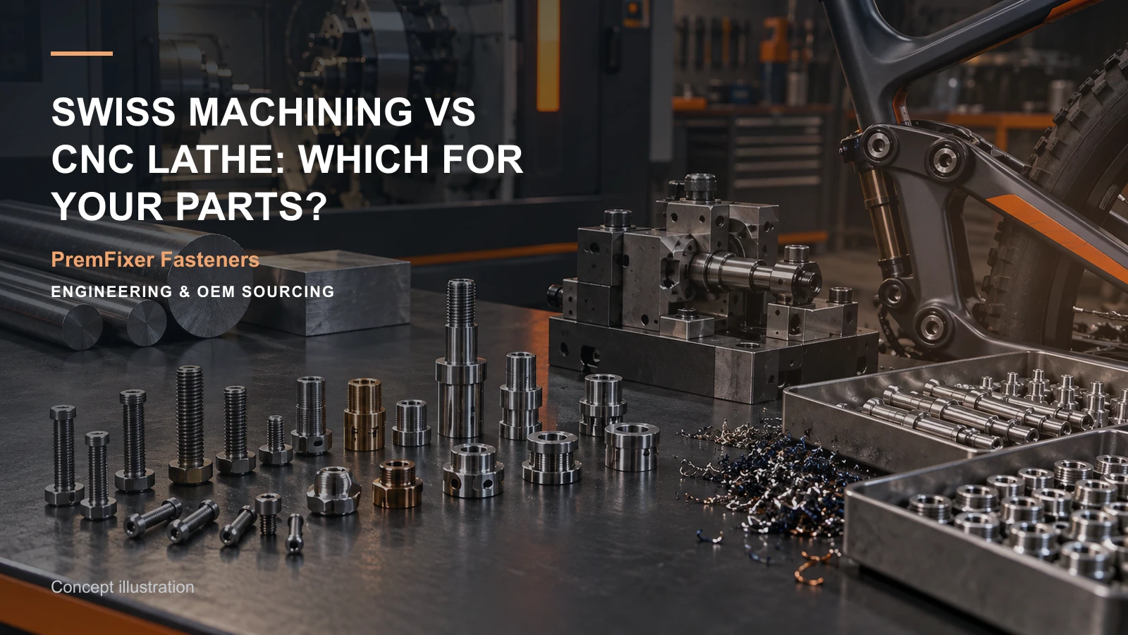 Editorial concept for Swiss machining versus conventional CNC turning with cards for swiss-versus-lathe comparison, workholding concept and setup record, shaft feature map.