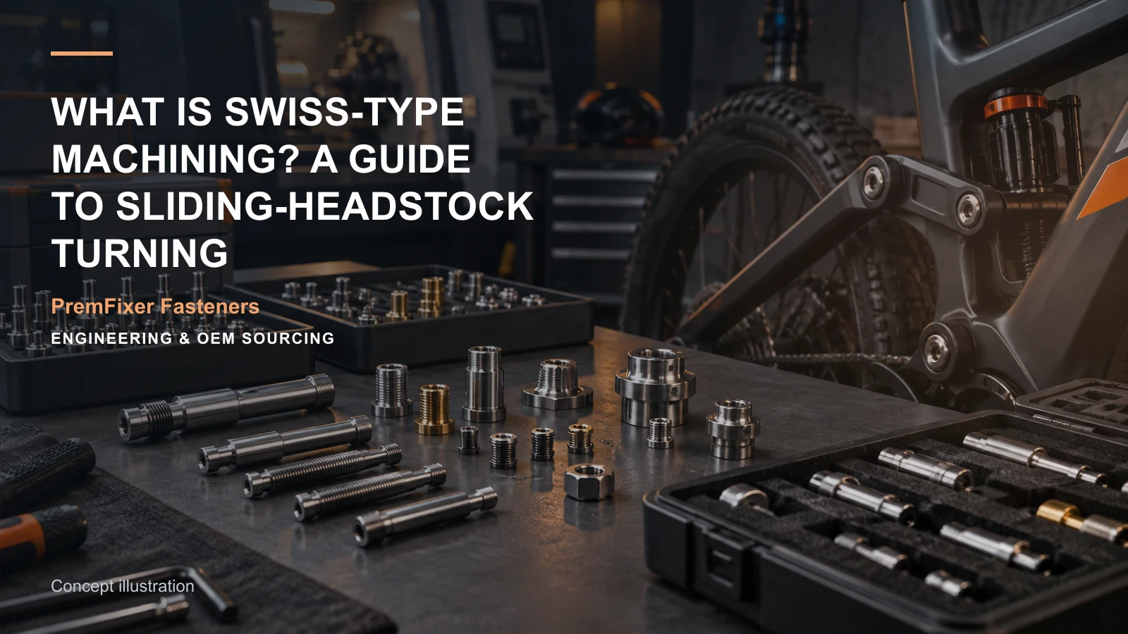 Editorial concept for Swiss-type machining fundamentals with cards for swiss-versus-lathe comparison, shaft feature map, workholding concept and setup record.