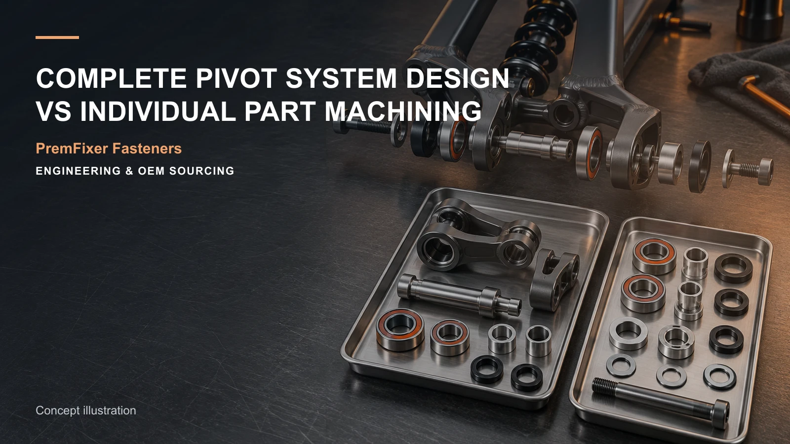 Conceptual engineering workspace introducing complete pivot hardware systems for bicycle and electric-mobility OEM teams.