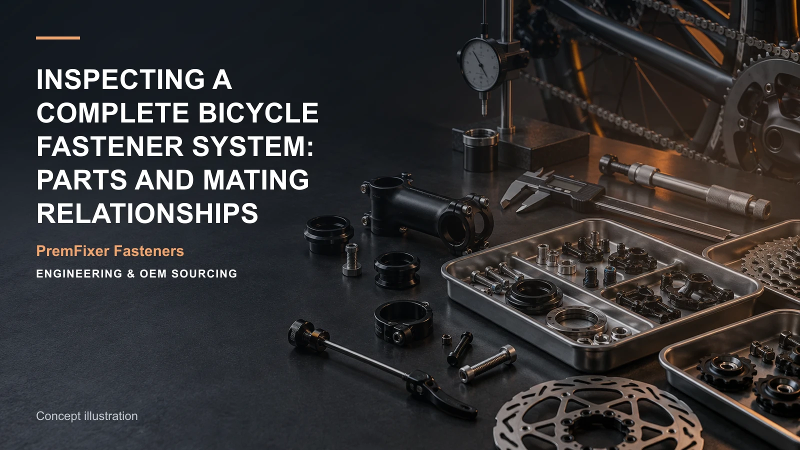 Concept illustration connecting component measurement, thread check and mating relationship in a bicycle hardware project.