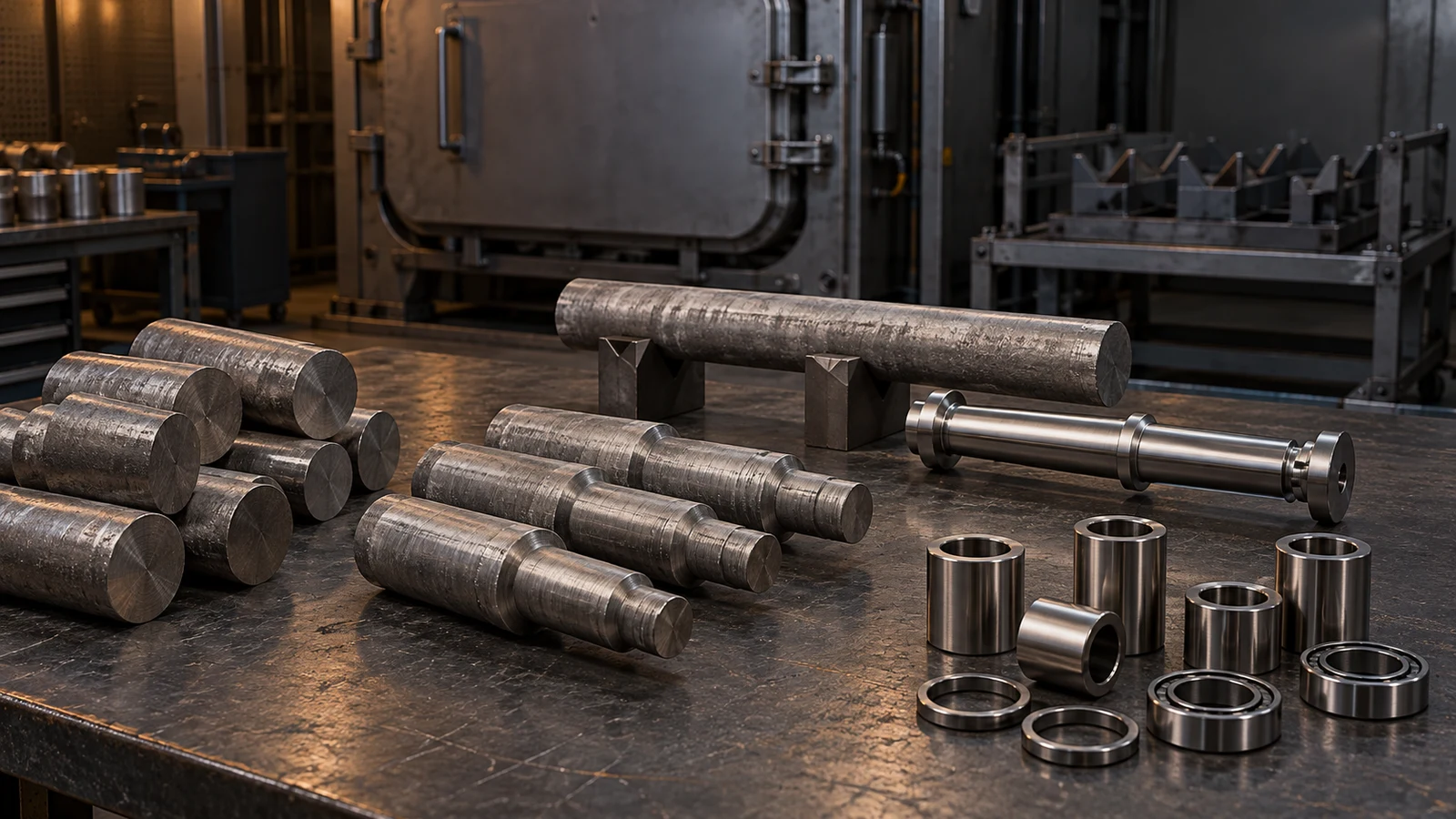 Concept titanium stock, rough-turned blanks and finished pivot hardware beside thermal-processing equipment, not a qualified cycle or measured distortion result