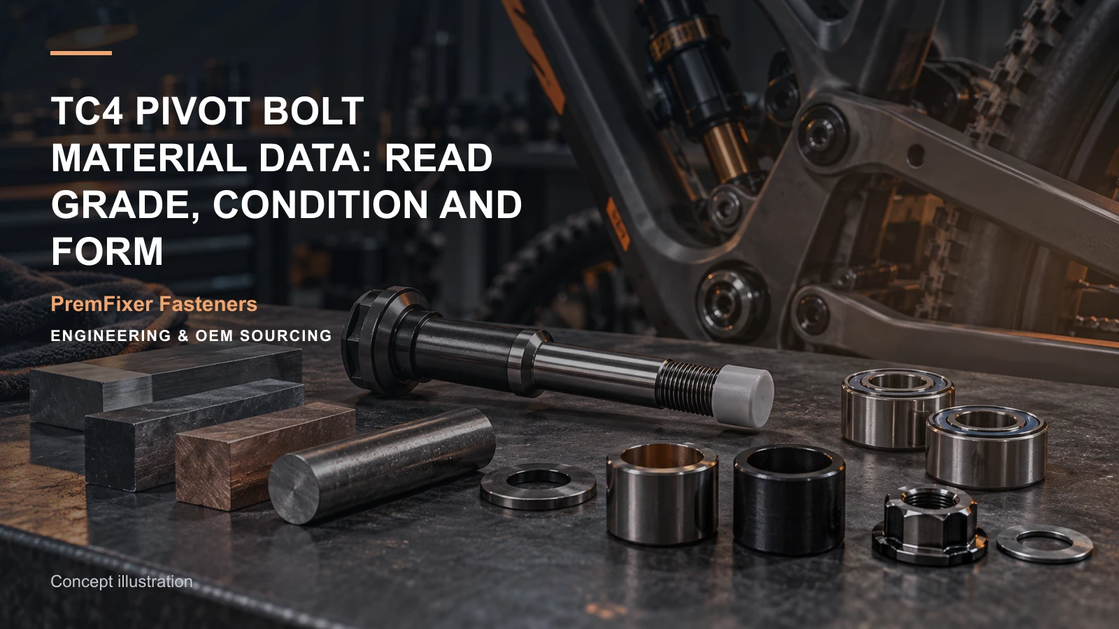 Concept illustration for TC4 Pivot Bolt Material Data: Read Grade, Condition and Form.