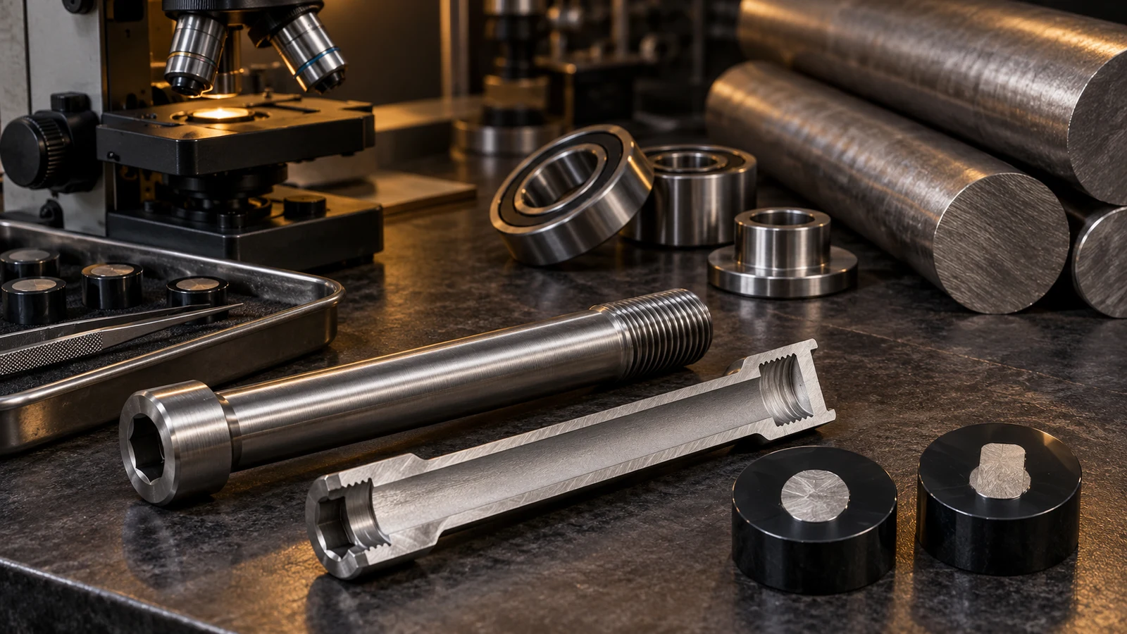Concept titanium pivot axle, sectioned reference piece and specimen mounts near microscopy equipment, not a real metallography result or PremFixer laboratory