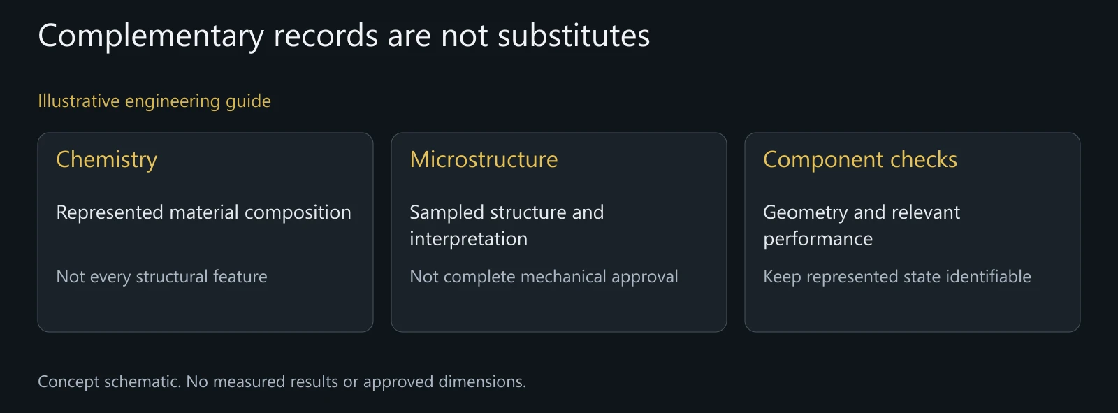 Illustrative evidence-scope map, not a certificate, destructive sampling procedure or test outcome.