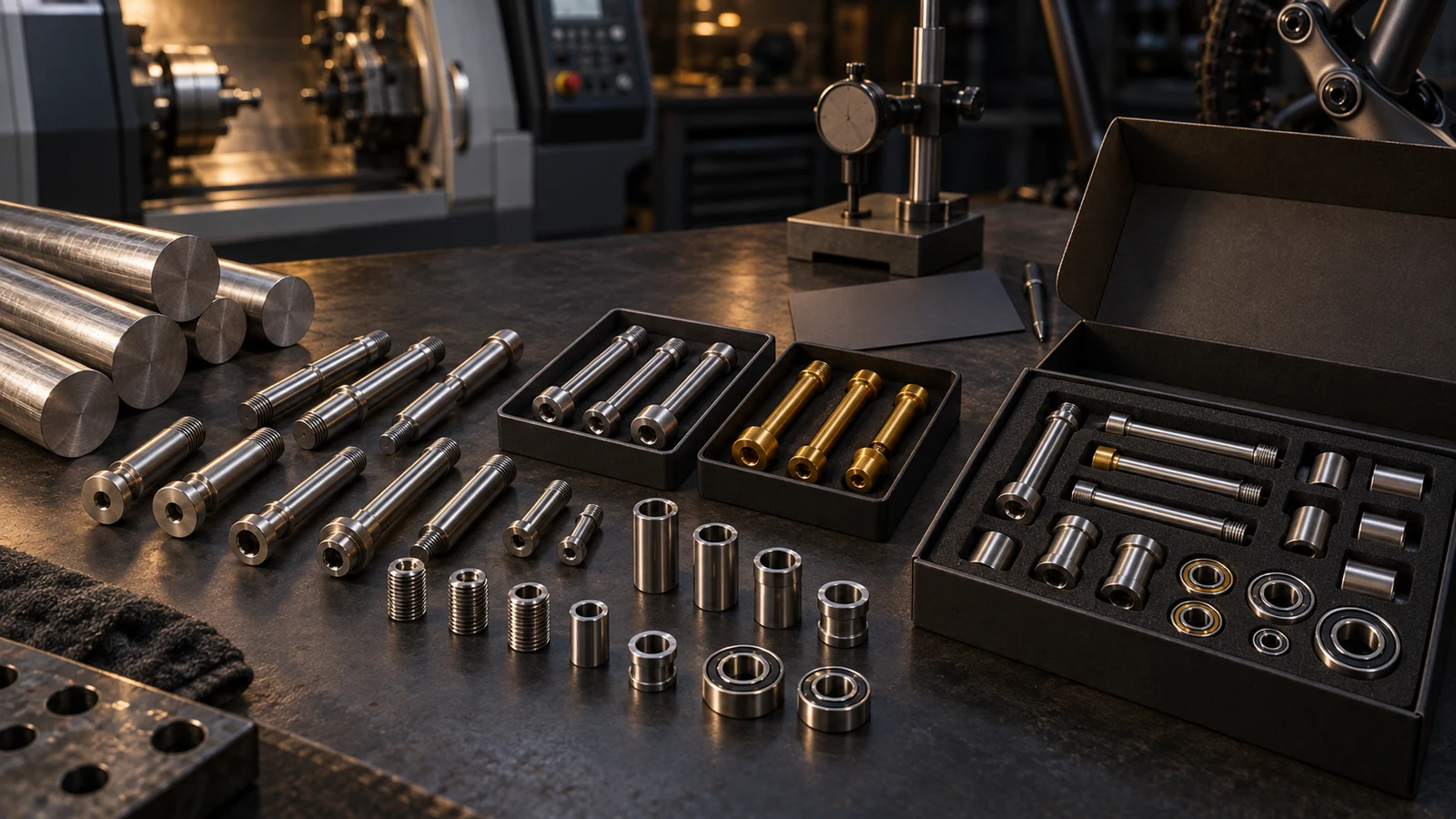 Concept titanium bar, stepped axle reference pieces, separate finish examples and a matched hardware tray, not an actual production line or inspected kit