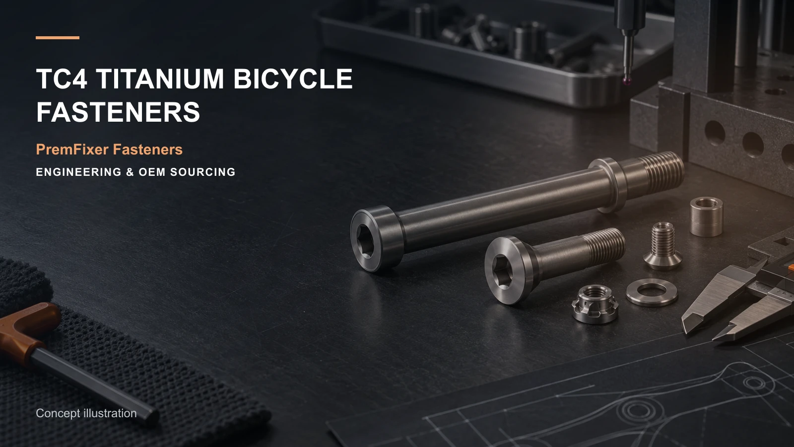 Machined TC4 titanium bicycle pivot hardware beside a frame linkage and precision inspection setup.