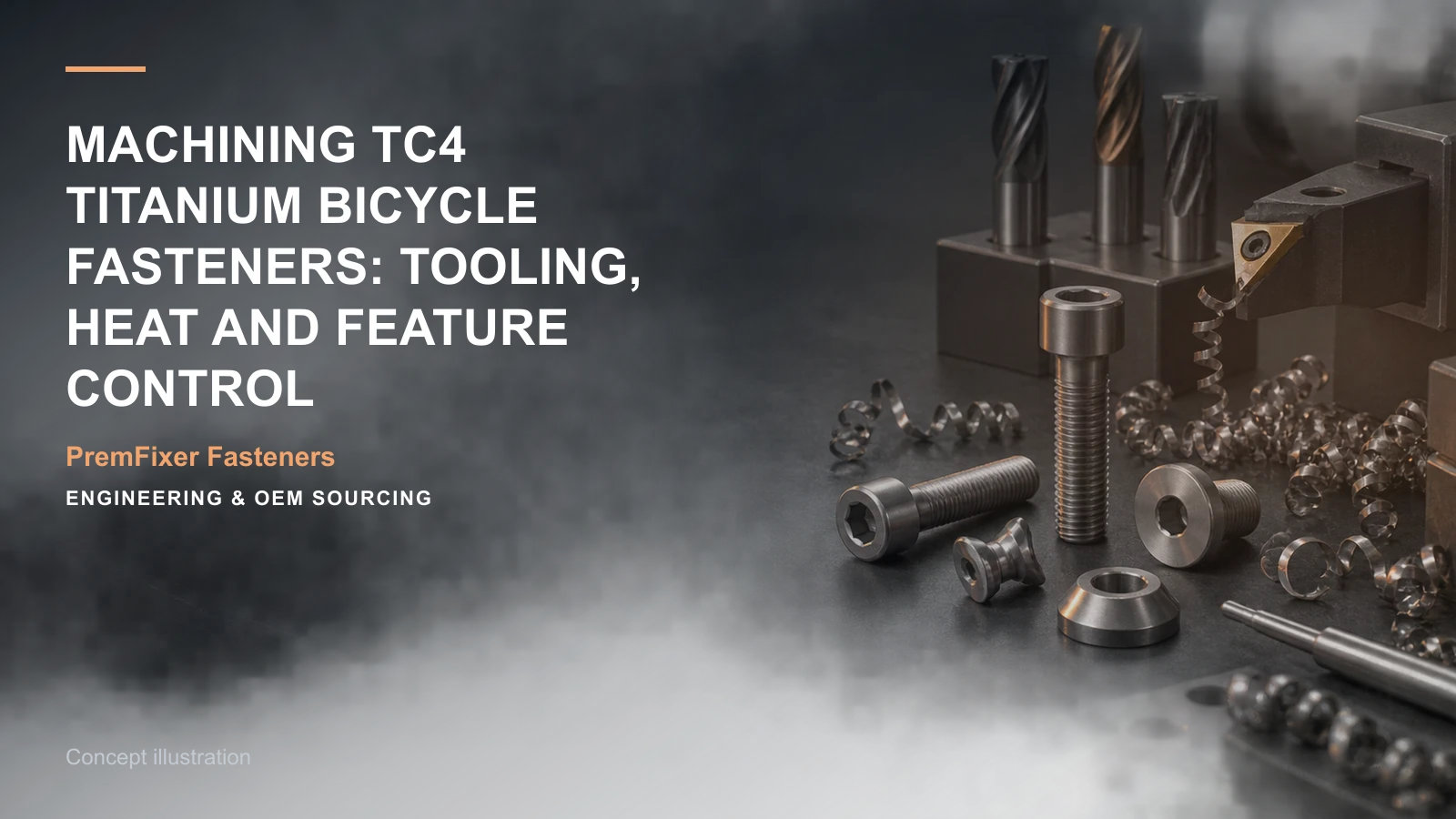 Concept illustration for Machining TC4 Titanium Bicycle Fasteners: Tooling, Heat and Feature Control.
