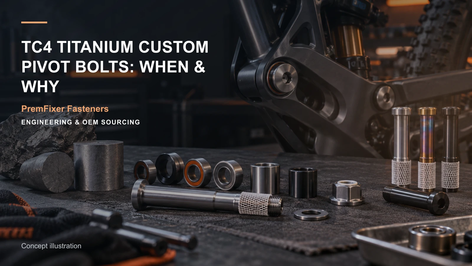Editorial concept for TC4 titanium pivot options with cards for titanium option comparison, lightweight design comparison, galling review map.