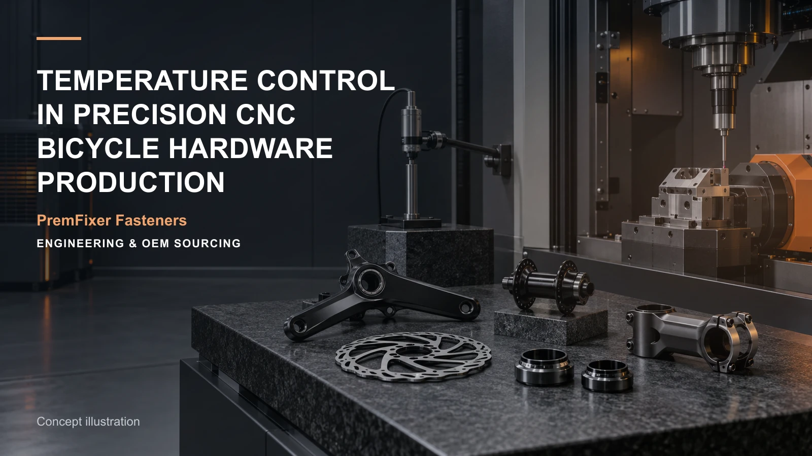 Concept illustration connecting workshop condition, workpiece temperature and measurement state in a bicycle hardware project.