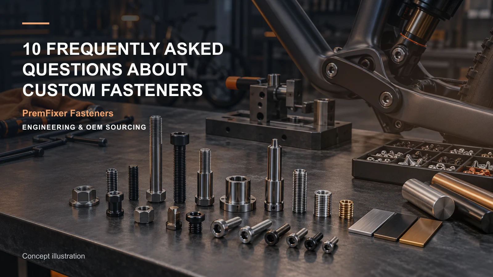 Editorial concept for ten first-order custom fastener questions with cards for drawing-and-model input map, small-batch order matrix, sample milestone schedule.