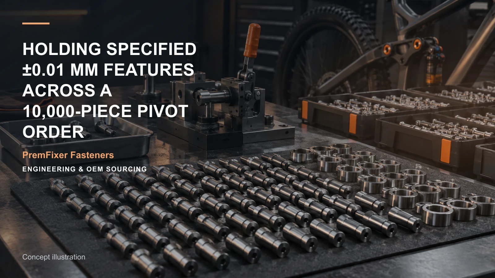 Editorial concept for ten-thousand-piece pivot tolerance control with cards for tolerance interval explanation, thermal condition map, tool-action record.