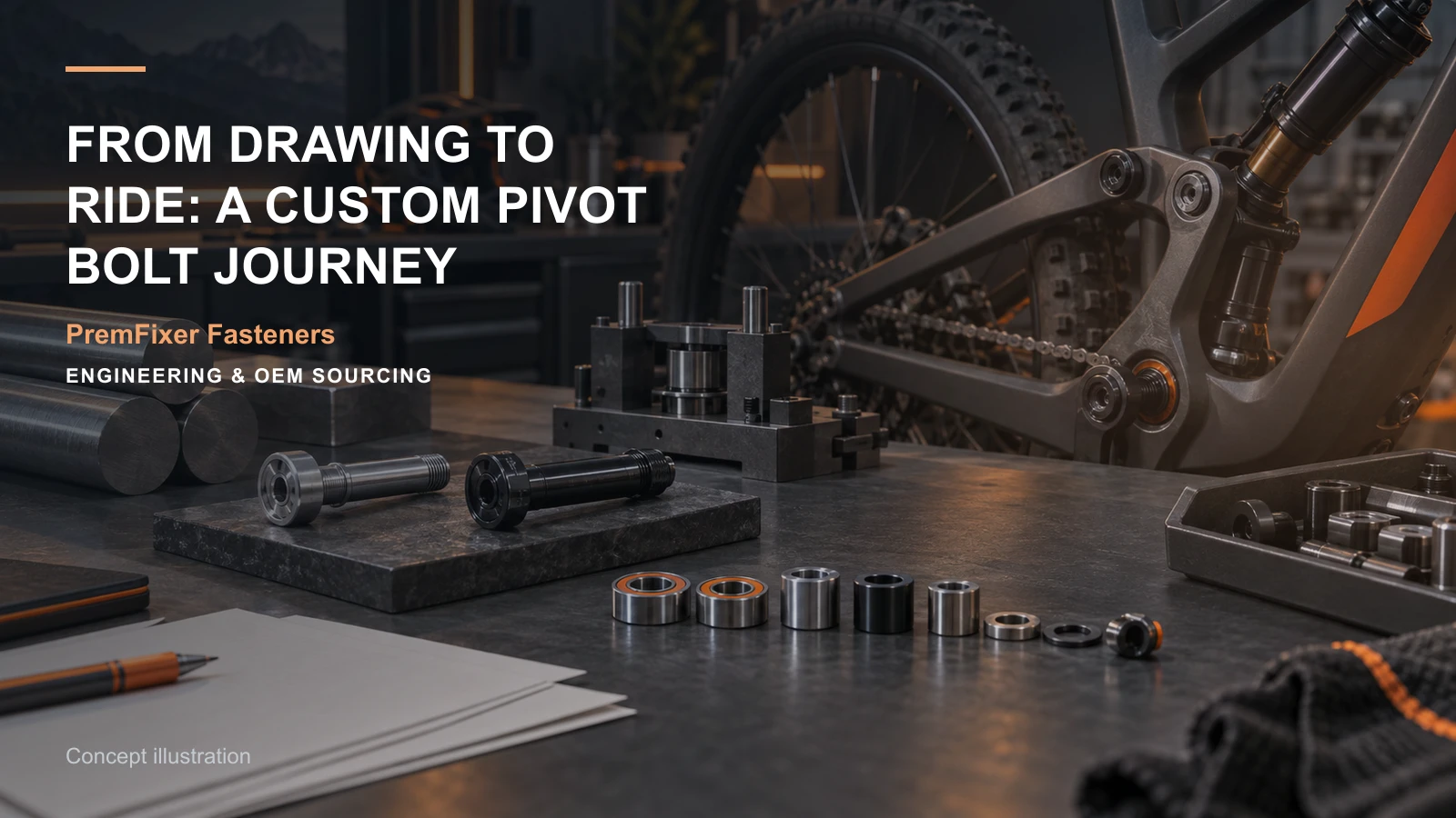 Editorial concept for the drawing-to-ride pivot journey with cards for drawing-and-model input map, dfm change table, prototype-to-production handover.