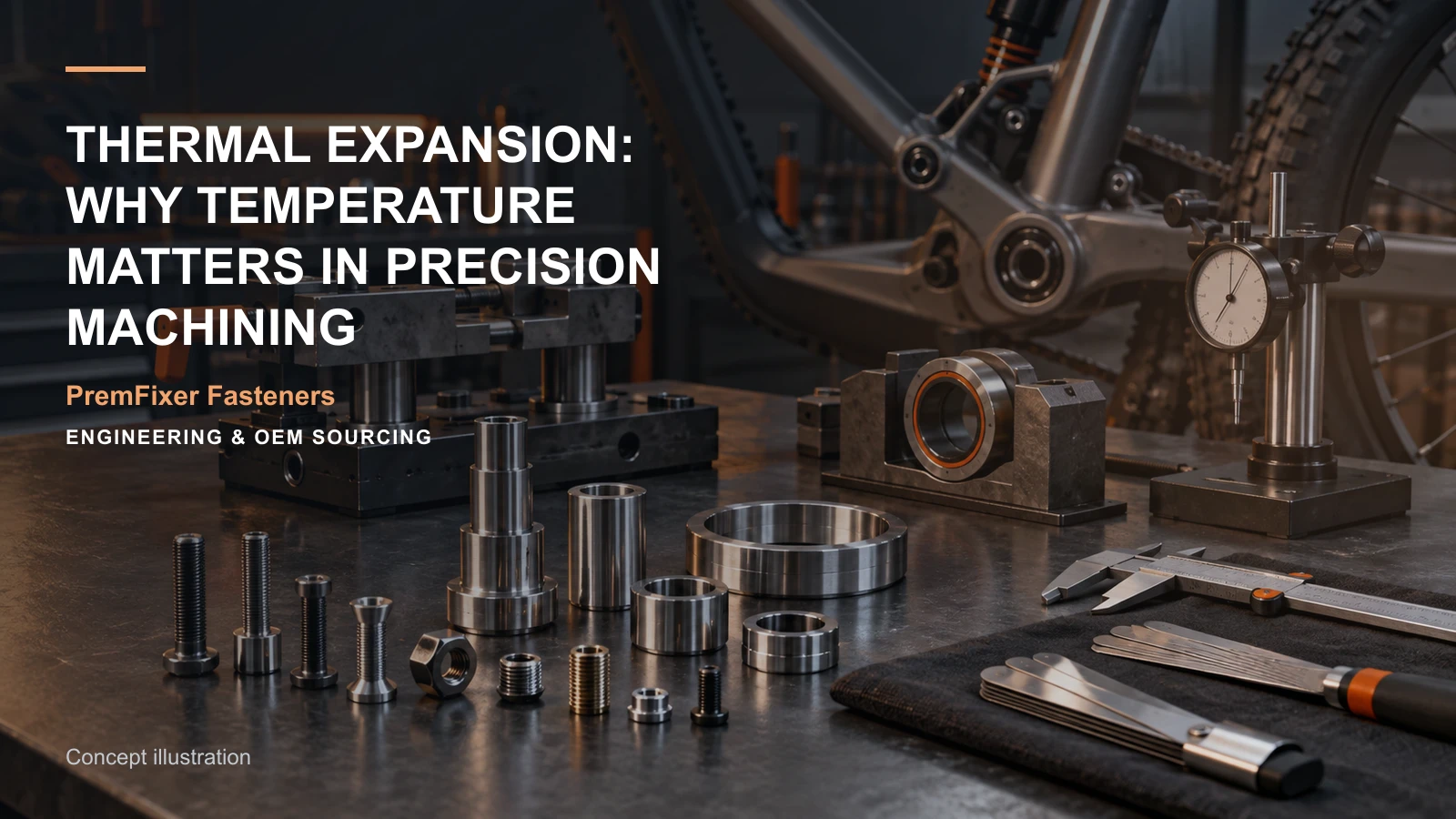 Editorial concept for thermal expansion and precision turning with cards for thermal condition map, tolerance interval explanation, inspection-method matrix.