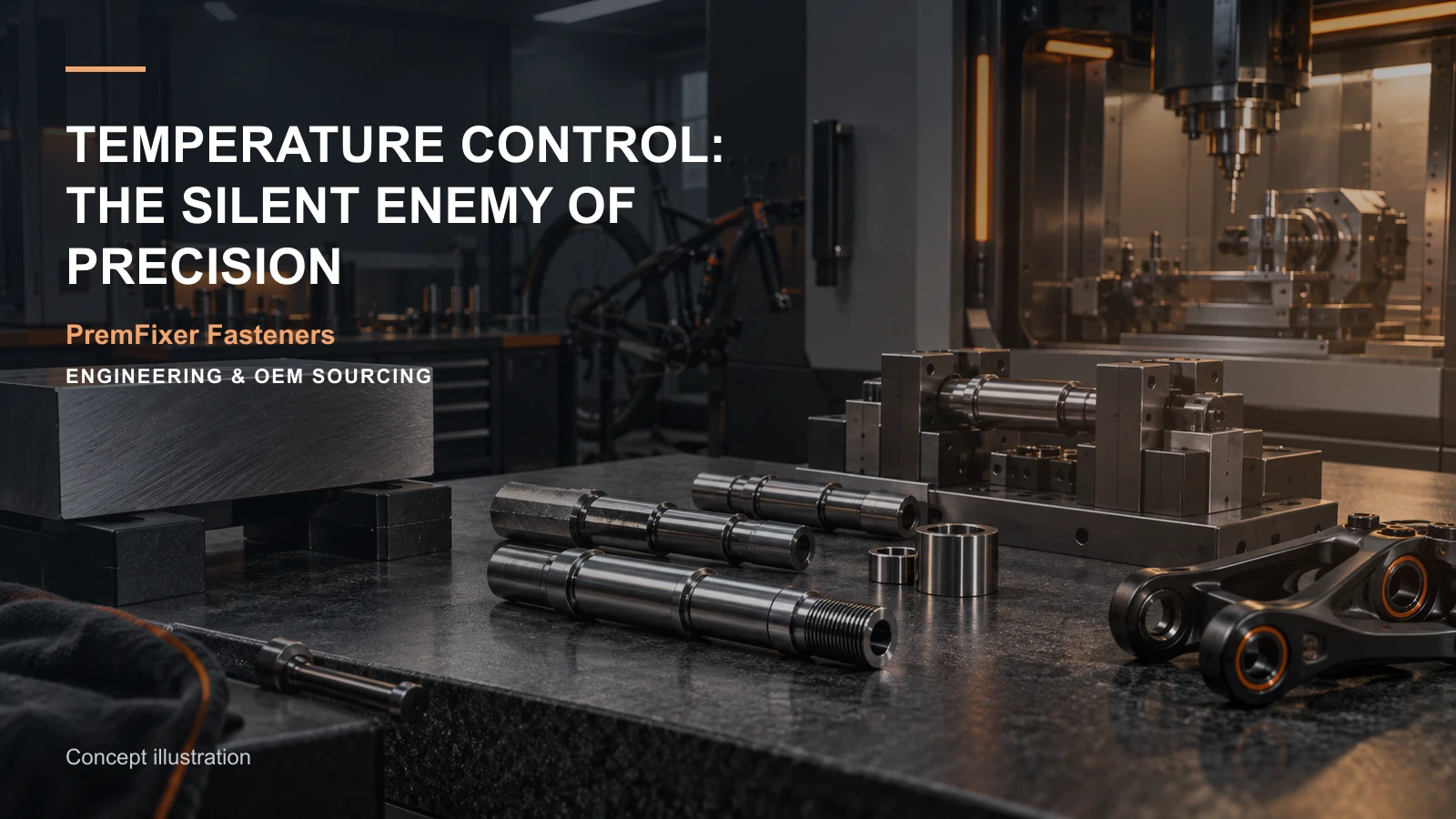 Editorial concept for thermal stability in precision production with cards for thermal condition map, tolerance interval explanation, inspection-method matrix.