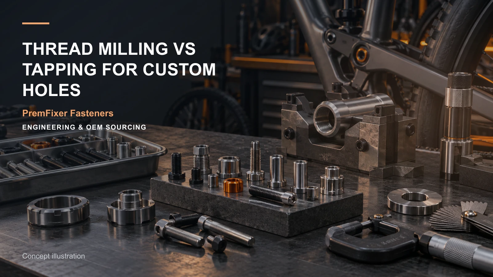 Editorial concept for thread milling versus tapping with cards for internal-thread route table, thread callout map, special-thread input specification.
