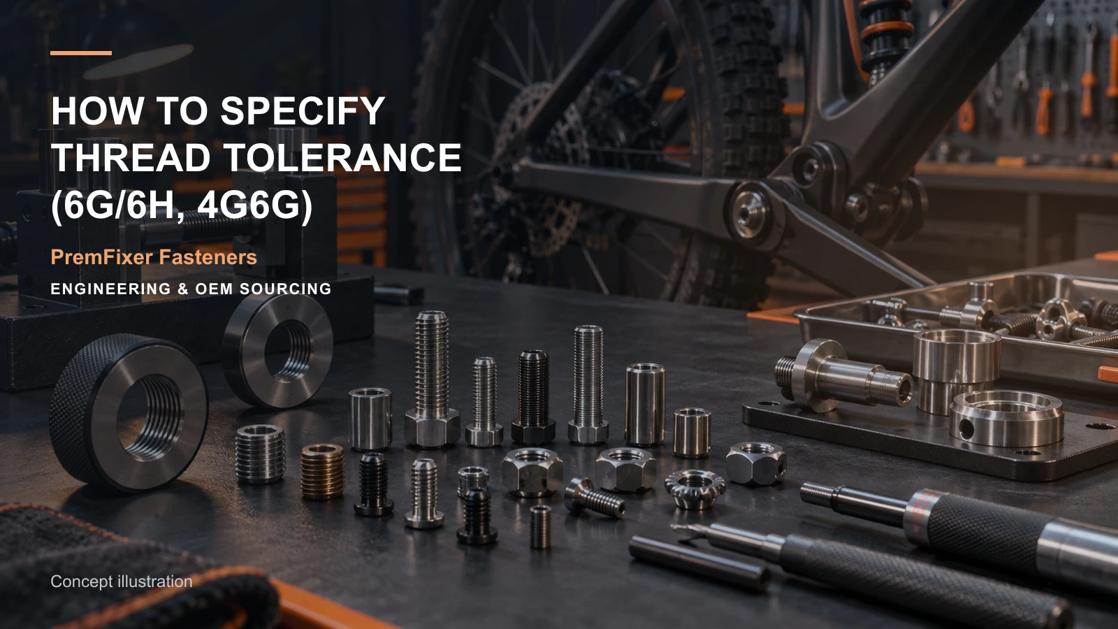 Editorial concept for thread tolerance callouts for custom parts with cards for thread callout map, special-thread input specification, final-inspection scope table.