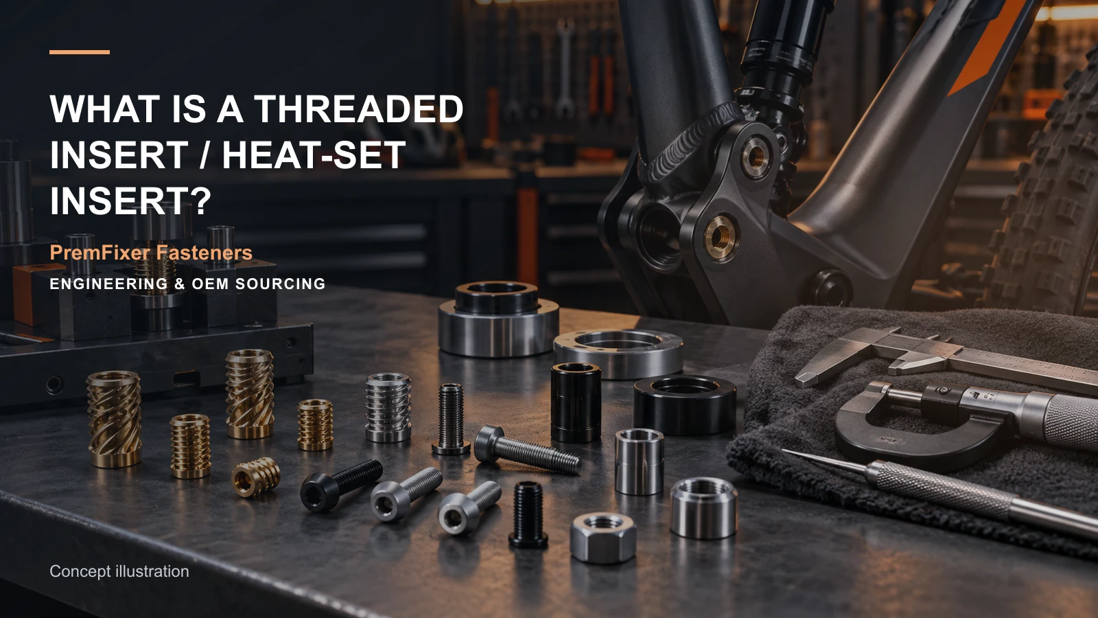 Editorial concept for threaded and heat-set insert definition with cards for insert installation selection, insert-substrate compatibility map, polymer-part specification.