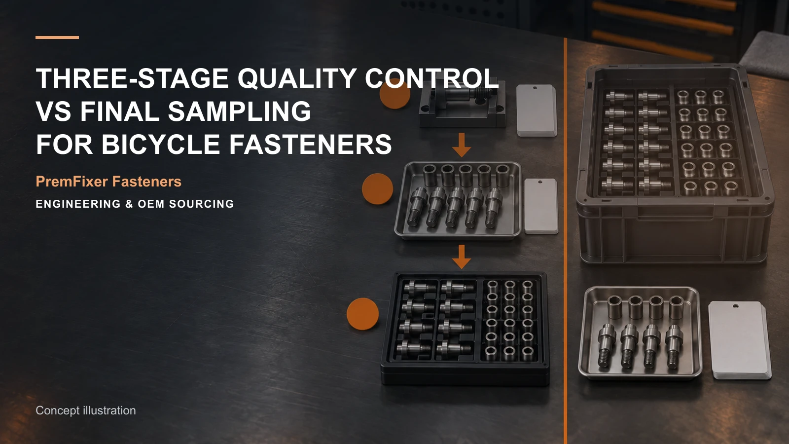 Conceptual engineering workspace introducing three-stage fastener quality control for bicycle and electric-mobility OEM teams.