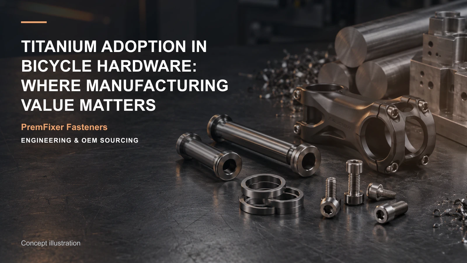 Conceptual engineering workspace introducing titanium hardware production planning for bicycle and electric-mobility OEM teams.