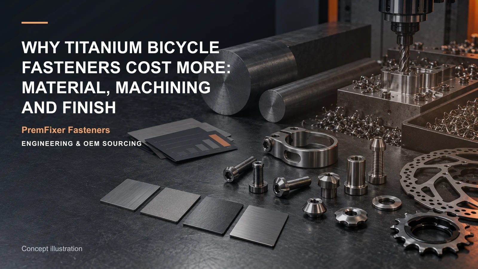 Concept illustration connecting titanium stock, CNC operations and threaded detail in a bicycle hardware project.